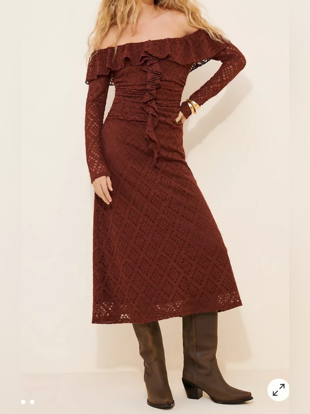 Astr Off-Shoulder Ruffled Lace Midi Dress in Deep Brown